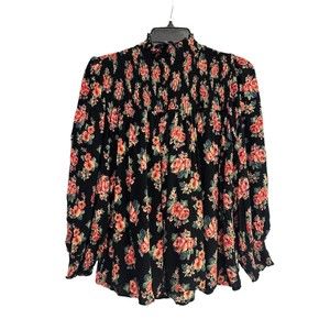 Angie Top Womens Long Bell Sleeve Size M Mock Neck Flowy Floral Black Boho Gauzy